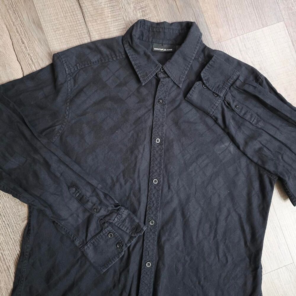 DKNY Men's Black Button Up shirt with Unique Design